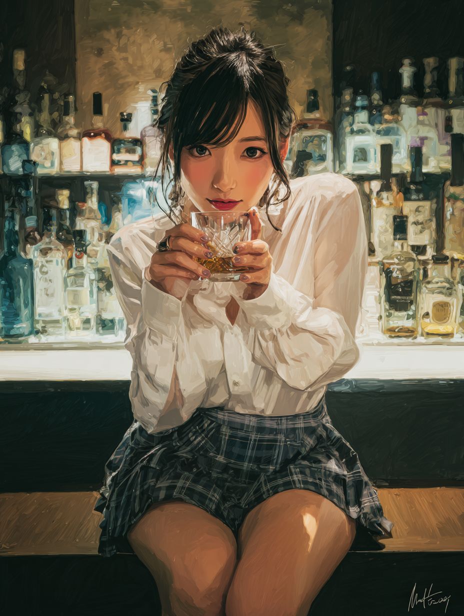 An attractive Japanese woman in a white silk blouse and plaid mini skirt is sitting at a bar counter sipping whiskey with a shy smile