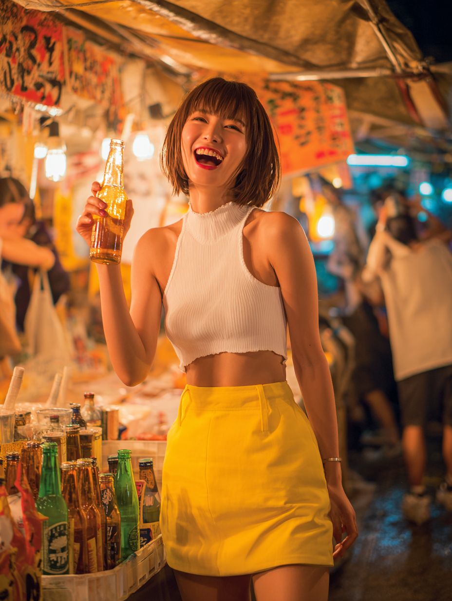 一位可愛的日本女子穿著白色短款上衣和黃色迷你裙，手持啤酒瓶在街頭小食攤前大笑