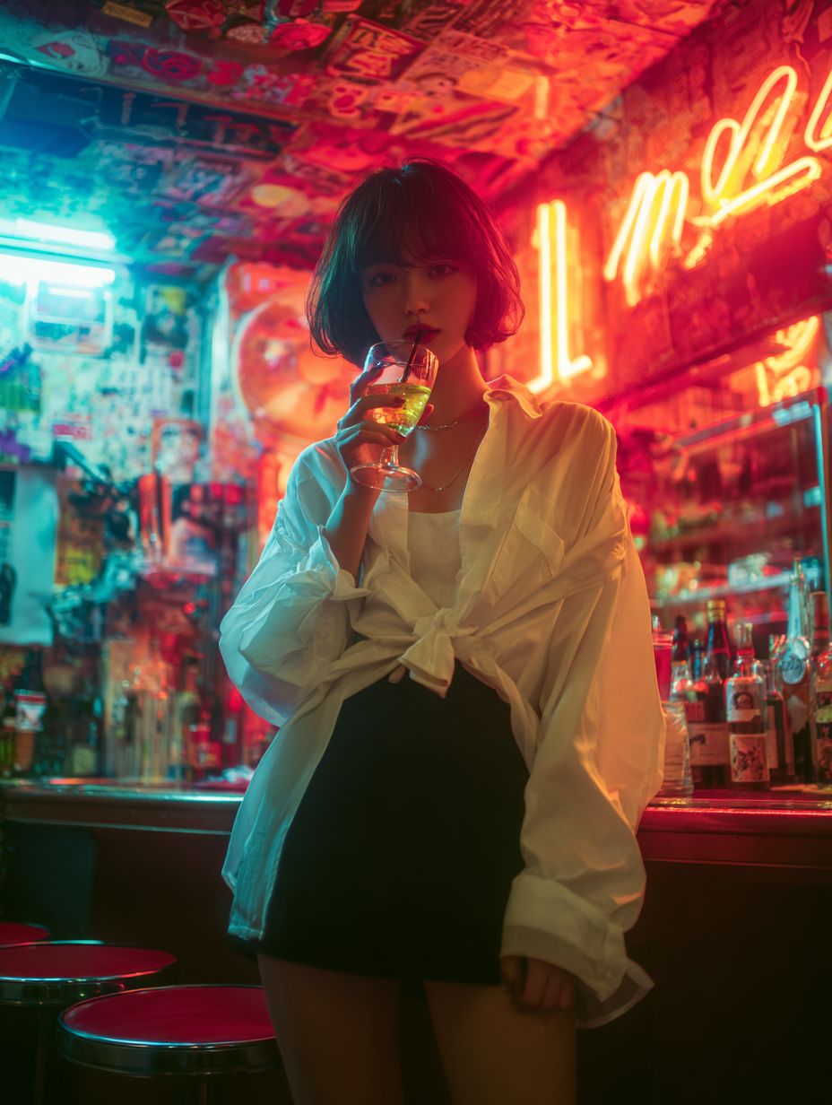 A beautiful Japanese woman with short hair in a white oversized shirt and black mini skirt enjoying a cocktail at a neon-lit bar