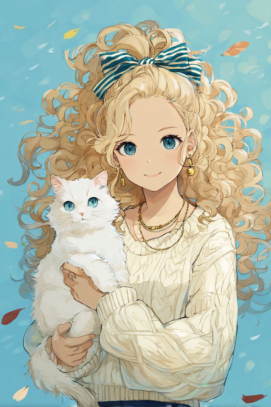 Uma garota de anime fofa com cabelo loiro volumoso e cacheado amarrado com uma fita listrada segurando um gato branco fofo com olhos azuis