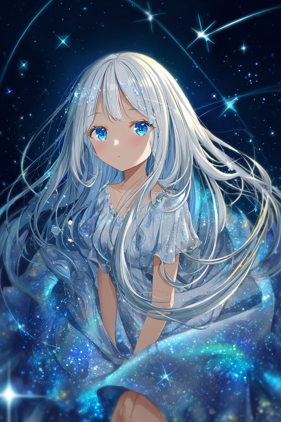 Uma garota de anime etérea com longos cabelos prateados e olhos azuis estrelados vestindo um vestido celestial flutuando entre as estrelas