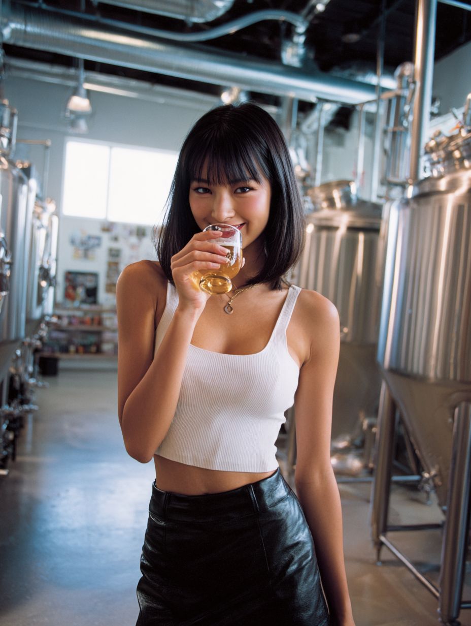 A beautiful Japanese woman with bangs wearing a white tank top and black leather skirt sipping craft beer at a modern brewery