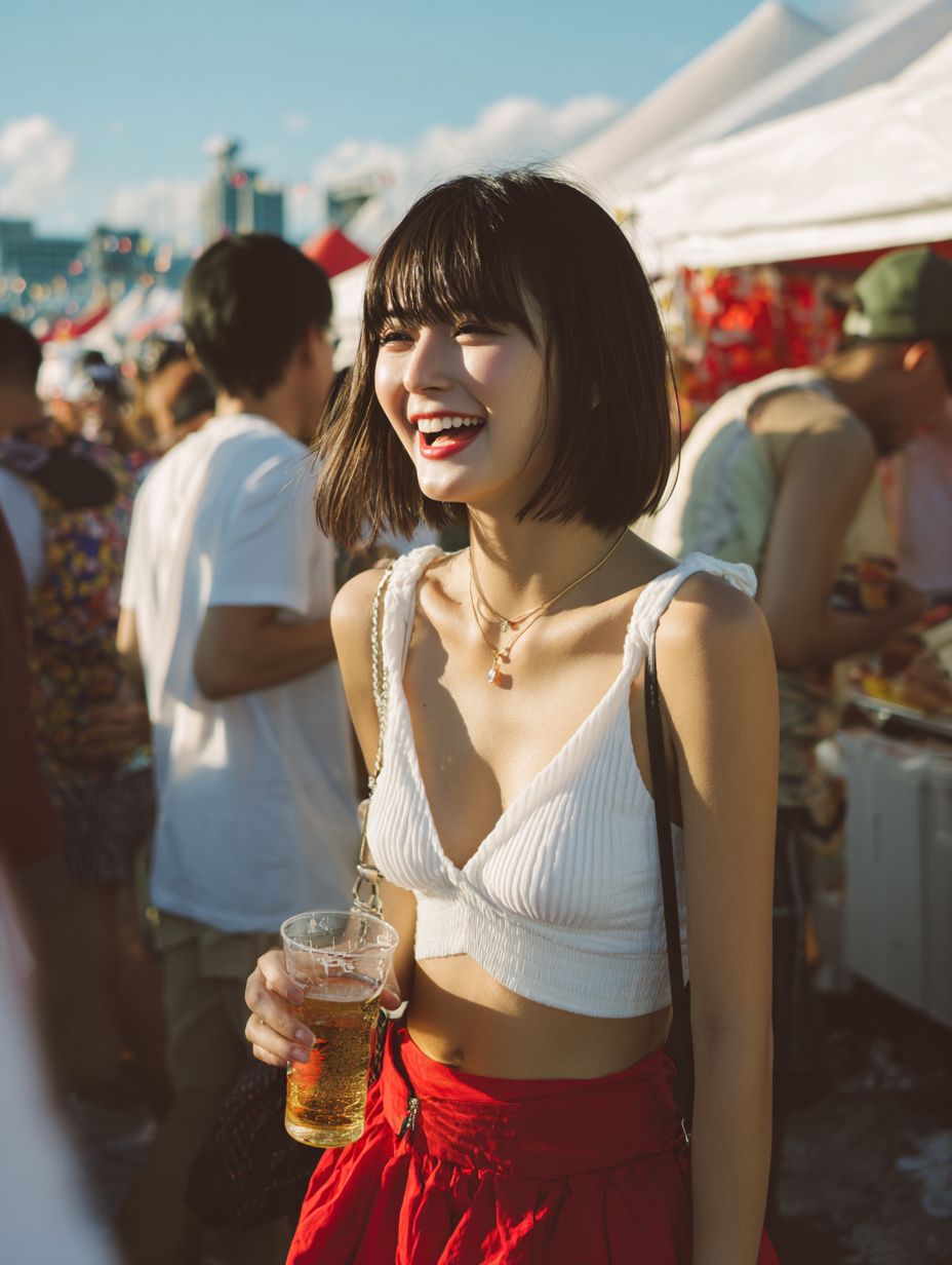 A stunning Japanese woman in a white crop top and red skirt laughing with a beer at an outdoor festival