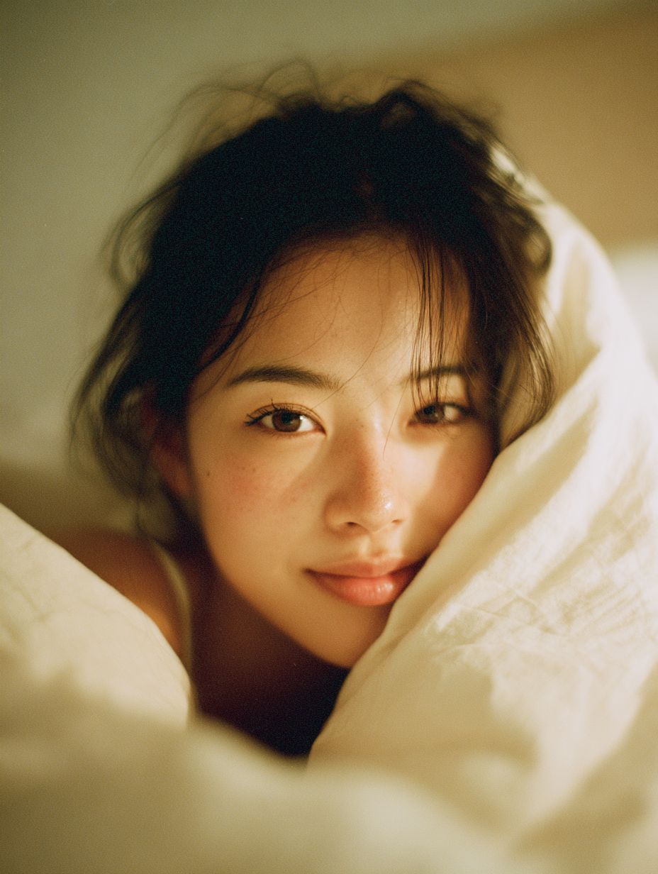 A beautiful Asian woman lies under soft natural light in a cozy warm bedroom