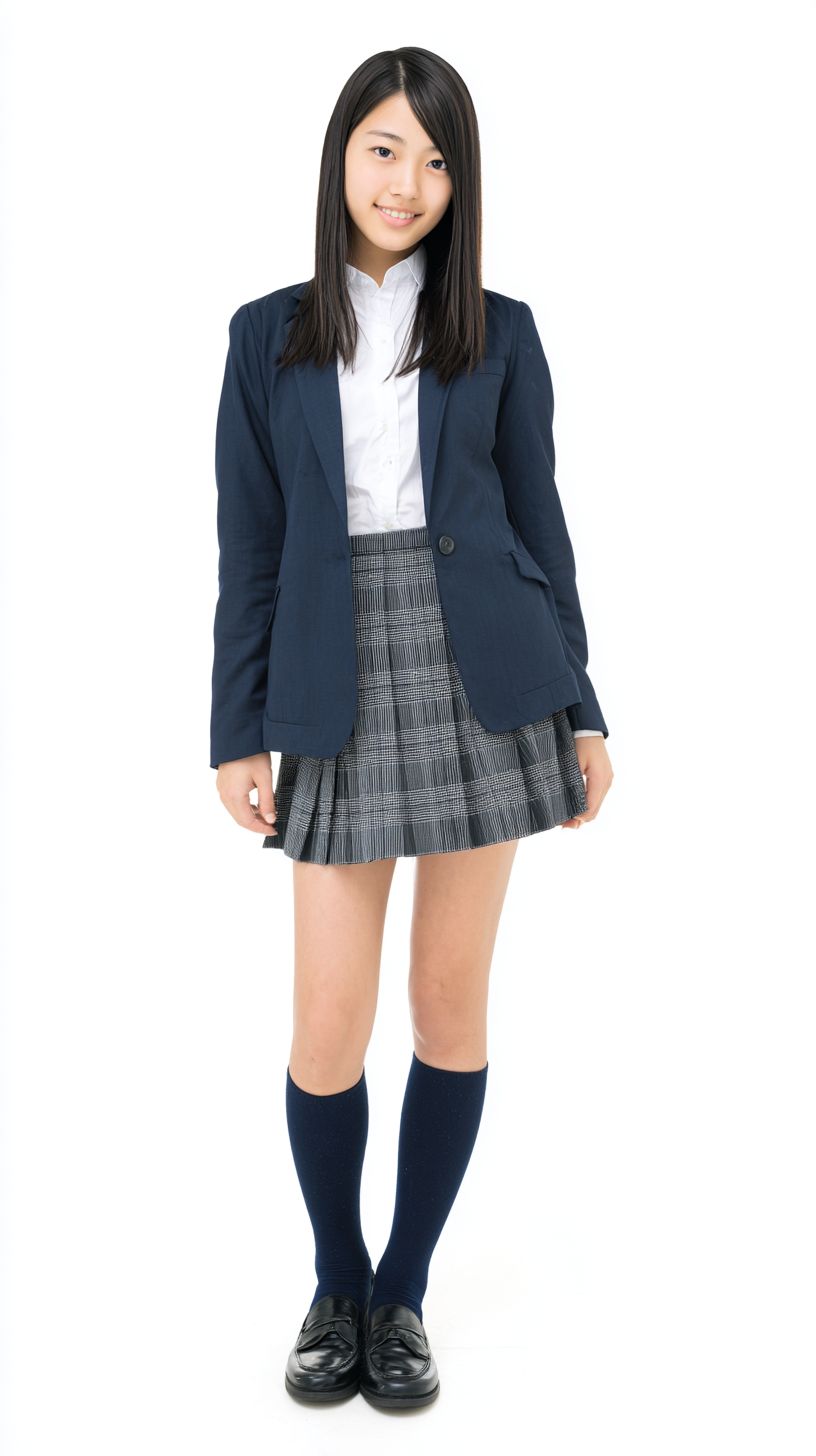 一名身穿白衬衫和海军蓝西装外套的日本女高中生，搭配短灰色格子迷你裙和黑色乐福鞋