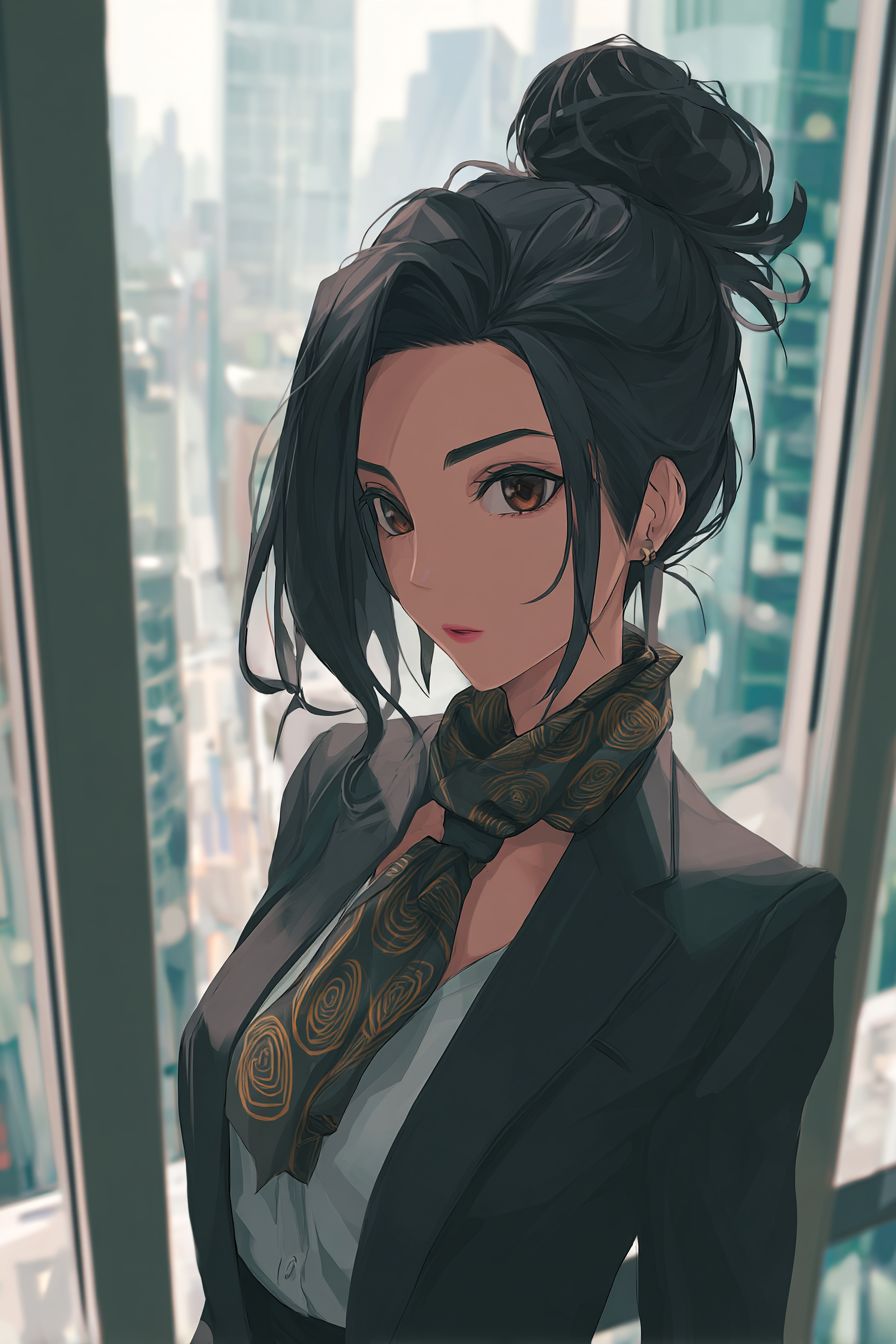 Uma garota de anime sofisticada em um terno sob medida em um escritório com vista para a cidade
