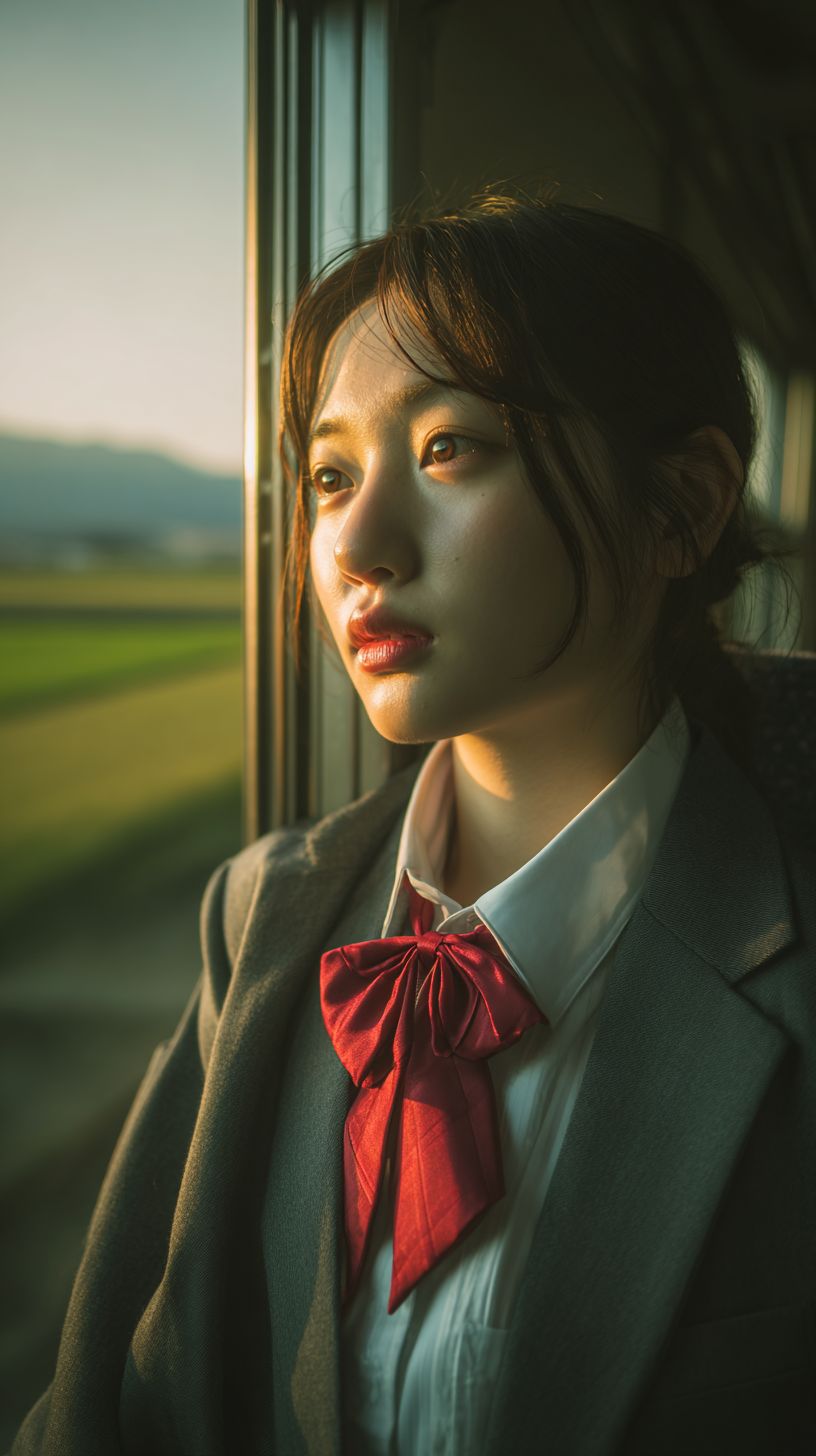 Eine elegante japanische Studentin schaut aus dem Zugfenster auf ländliche Felder