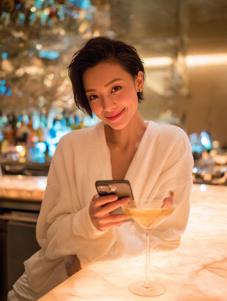 A short-haired Japanese woman in white loungewear is sipping a cocktail at a modern bar