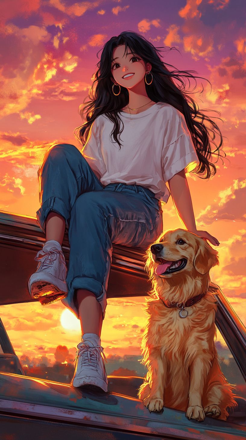 一位美麗的韓國女孩坐在日落時分的舊車上，身邊有一隻可愛的金毛犬