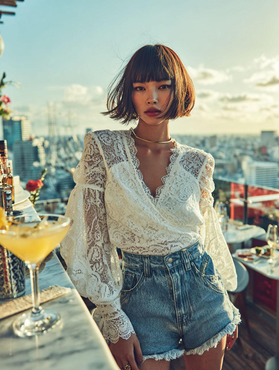 A stunning Japanese woman in a white lace blouse and denim shorts enjoys a cocktail at a trendy rooftop bar