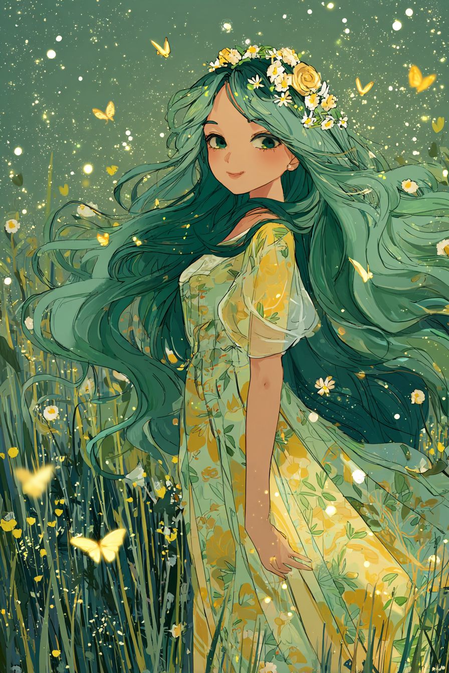 Uma garota de anime excêntrica com cabelo verde longo e uma coroa de flores vestindo um vestido com padrões de folhas em um prado cercado por fadas brilhantes