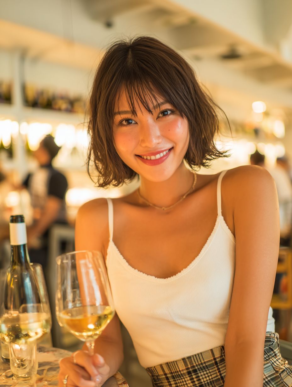 A cute Japanese woman in a white tank top and plaid skirt enjoying wine at a chic café