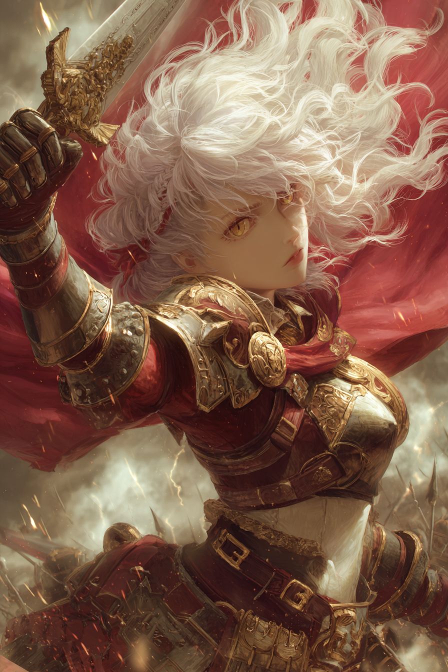 Una poderosa chica de anime con cabello blanco al viento y ojos dorados en brillante armadura y capa carmesí, sosteniendo una espada resplandeciente, de fondo un campo de batalla con nubes de tormenta