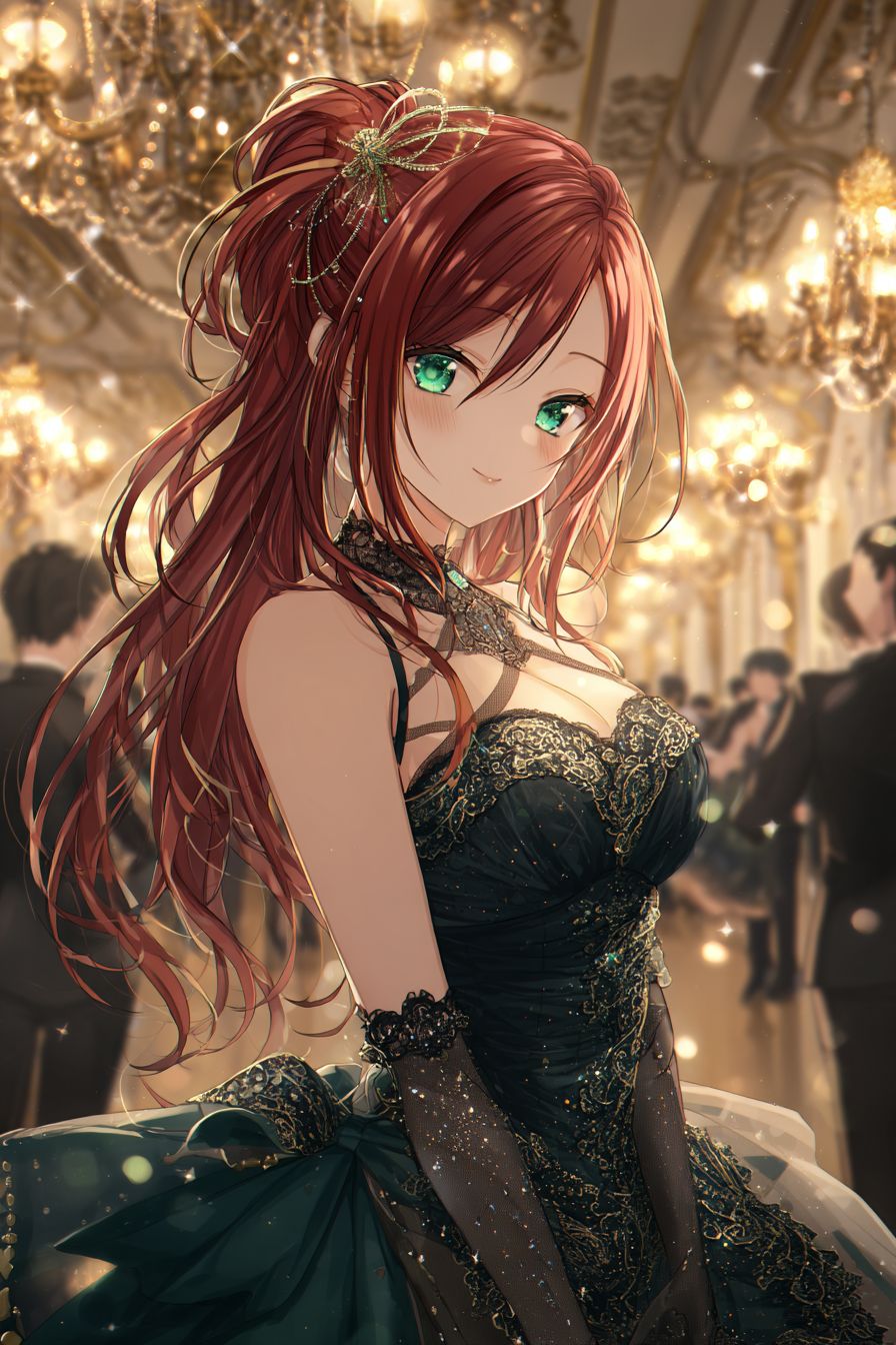 Una elegante chica de anime con largo cabello rojo y reflejos dorados en un vestido de baile con detalles de lentejuelas