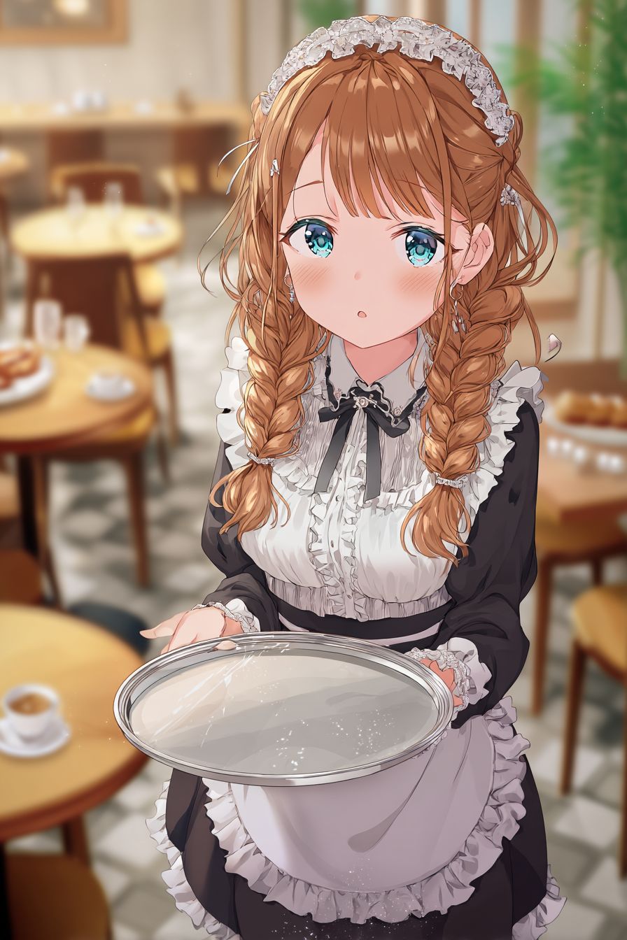 Ein süßes Anime-Mädchen mit Zöpfen aus kastanienbraunem Haar und blauen Augen, das in einem Maid-Outfit ein silbernes Tablett in einem gemütlichen Café hält