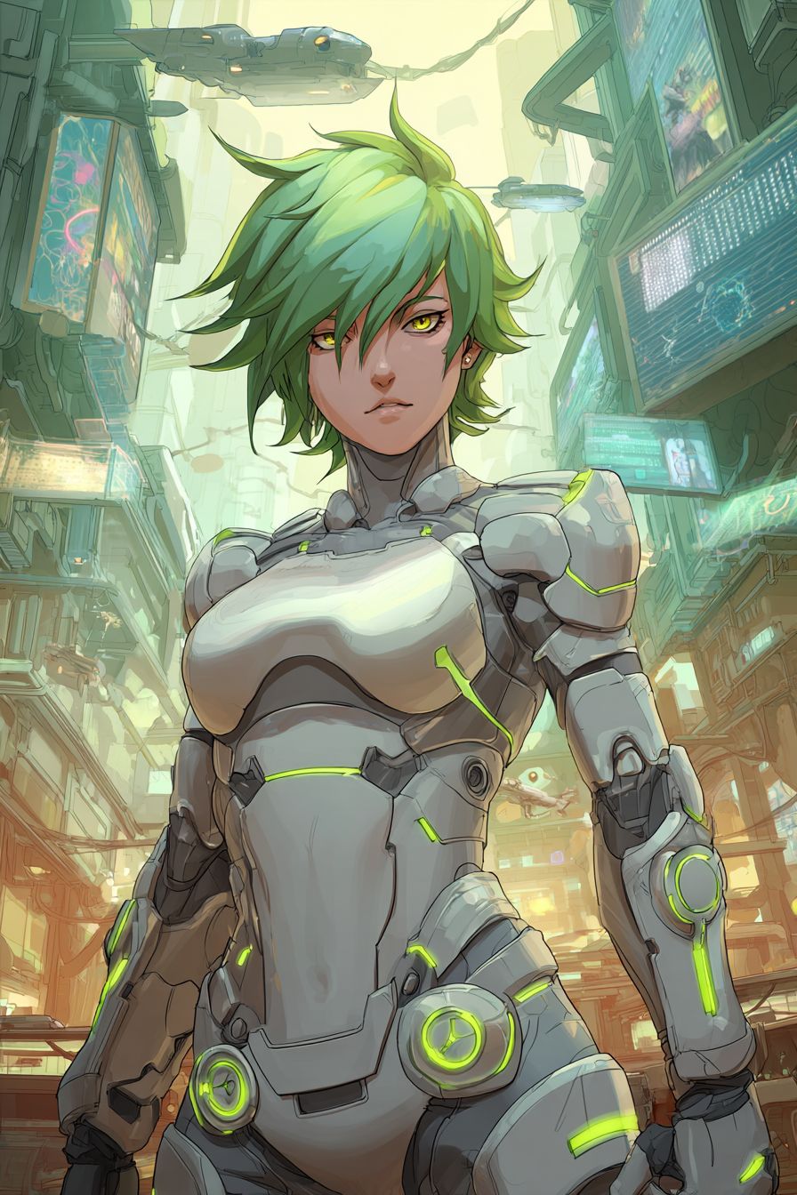 Uma garota de anime ousada com cabelo verde curto e espigado, vestindo um traje prateado futurista em um fundo de cidade iluminada com néon