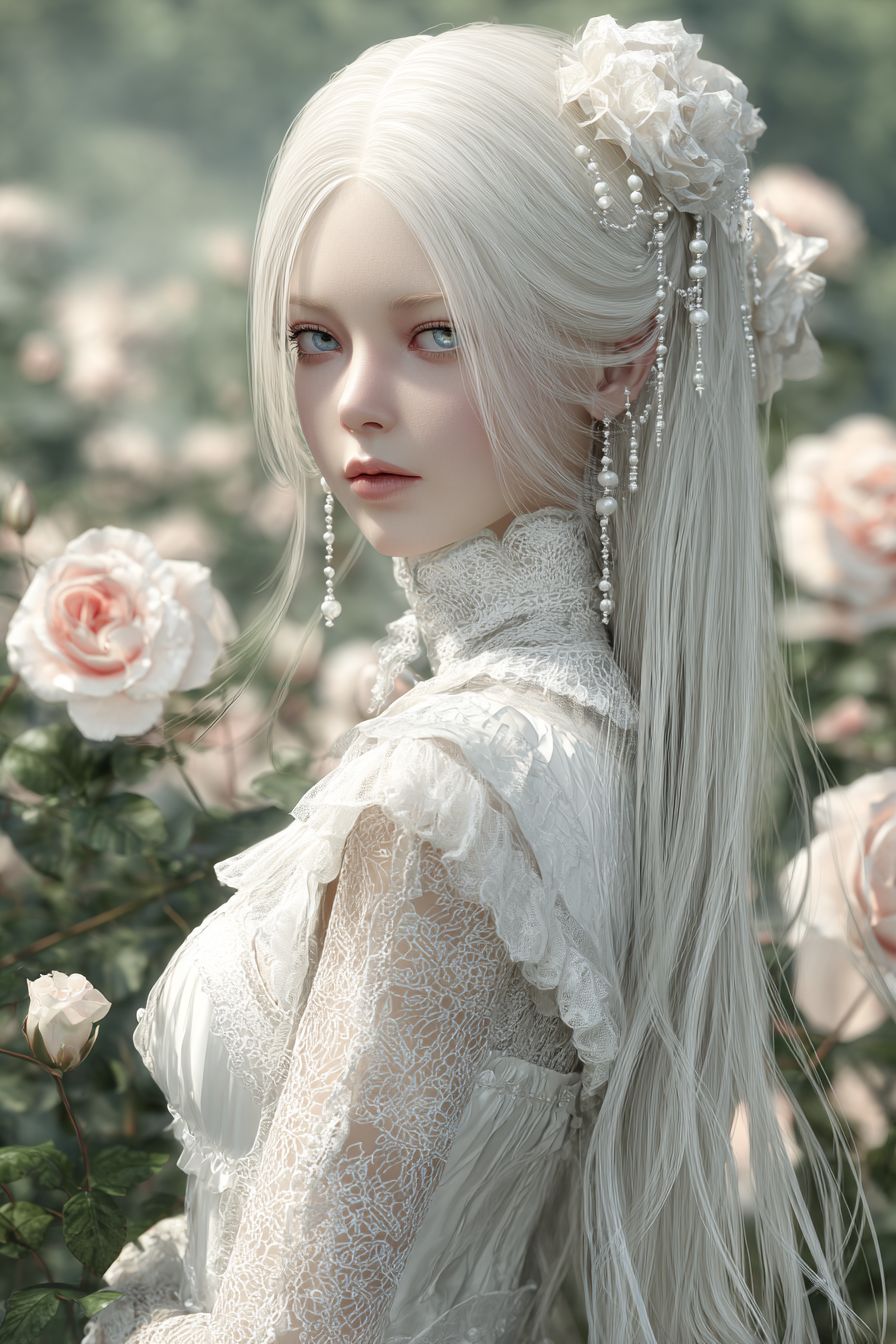 A beautiful anime girl with long silver hair and blue eyes wearing an elegant white lace dress standing in a blooming rose garden