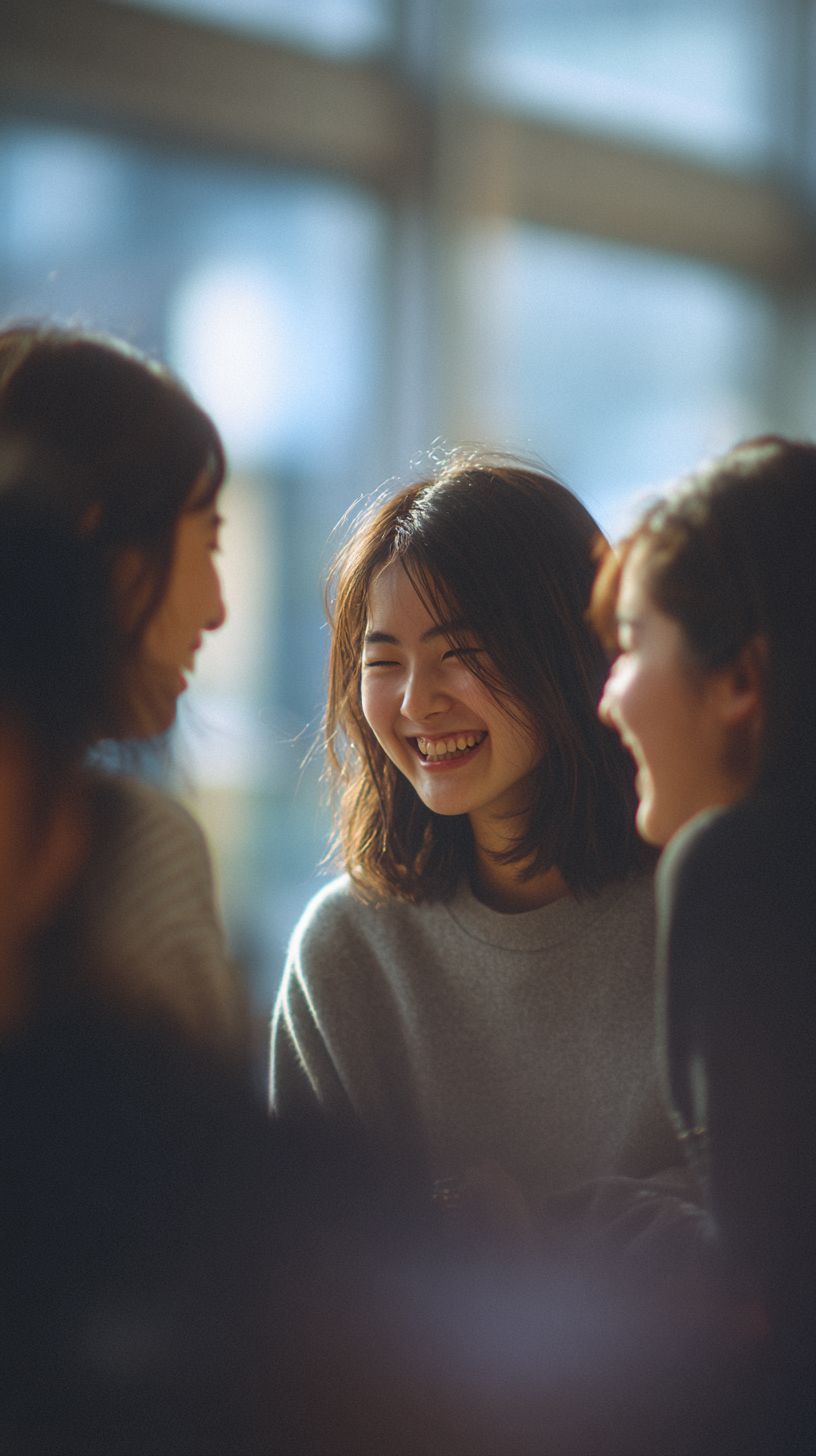 Three Japanese female college students are chatting and laughing in a modern share house