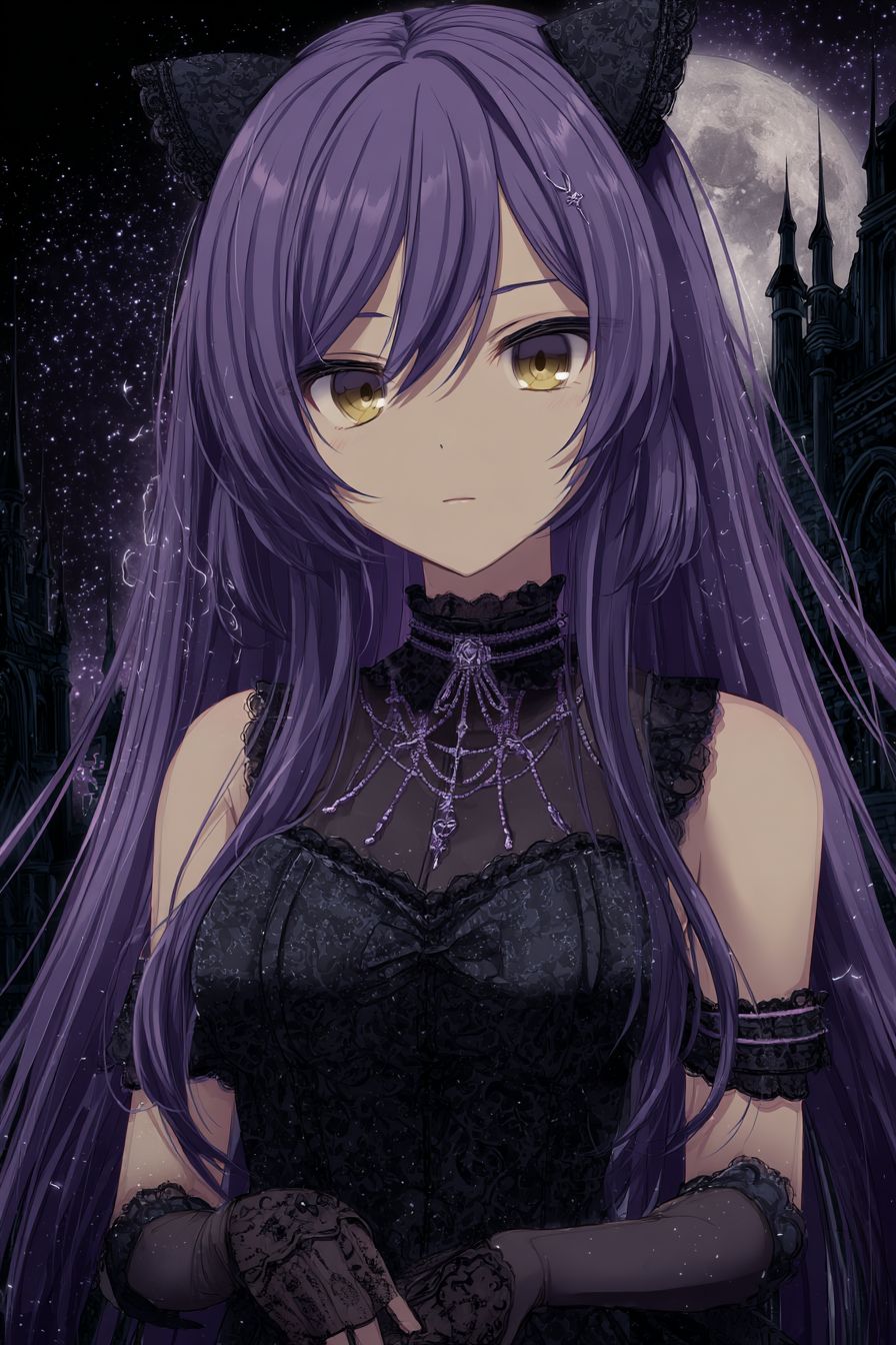 Uma misteriosa garota de anime com cabelo roxo e olhos dourados semelhantes aos de um gato, vestindo um vestido gótico