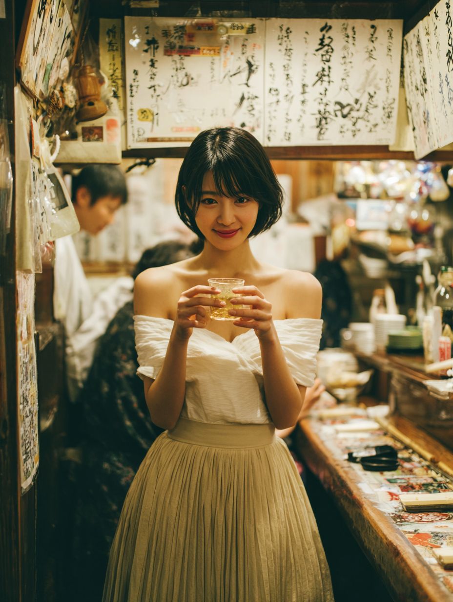 A cute Japanese woman in a white off-shoulder top and beige pleated skirt toasting with a sake cup at a traditional bar