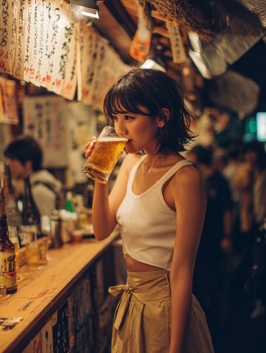 An adorable young Japanese woman in a white tank top and beige skirt is drinking beer at the bar