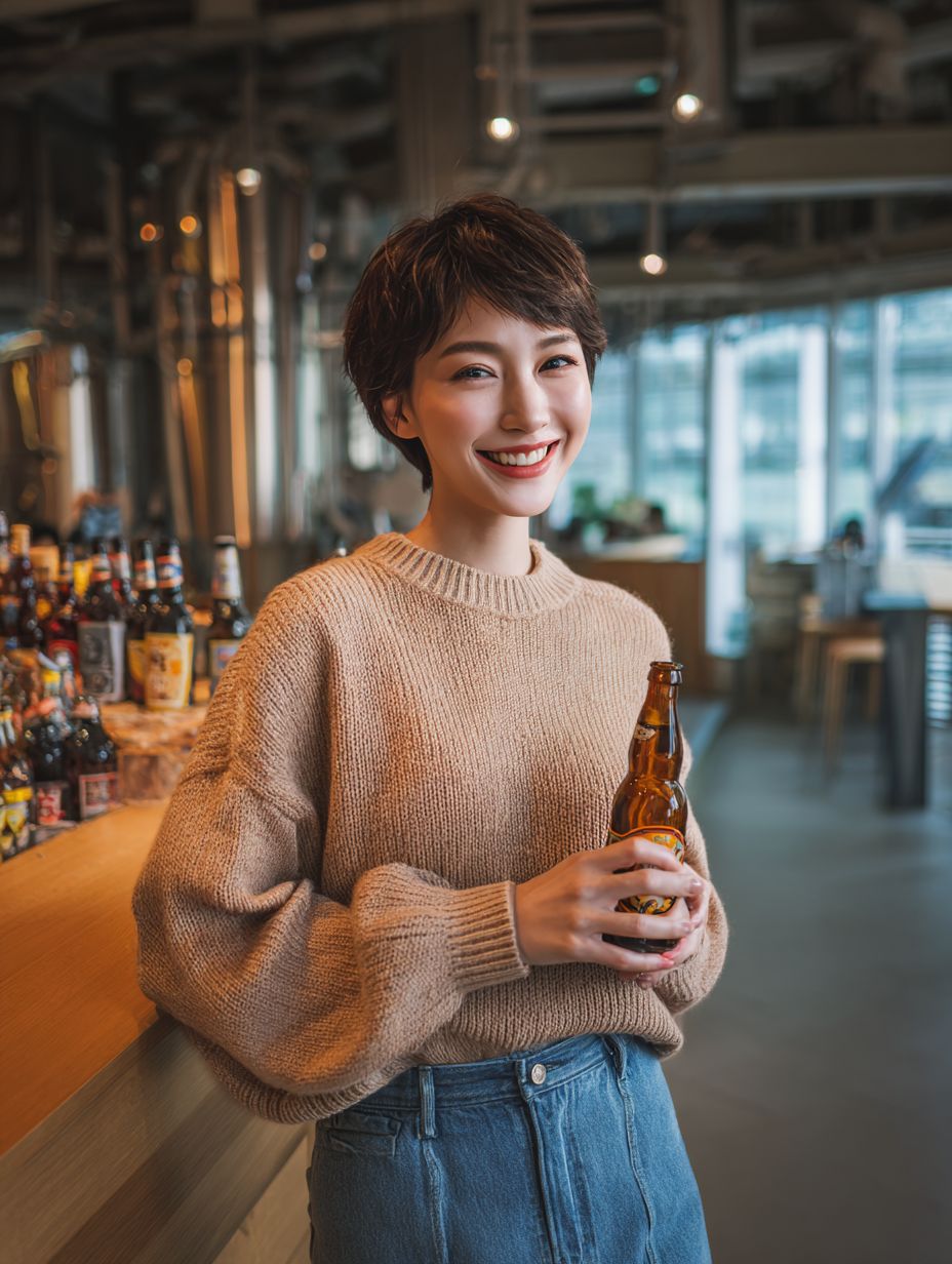 A lovely short-haired Japanese woman in a beige sweater and denim skirt is drinking craft beer at a modern brewery with a warm smile
