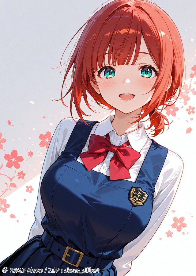 Das Bild zeigt ein junges Mädchen mit kurzen roten Haaren und einer blauen Schuluniform