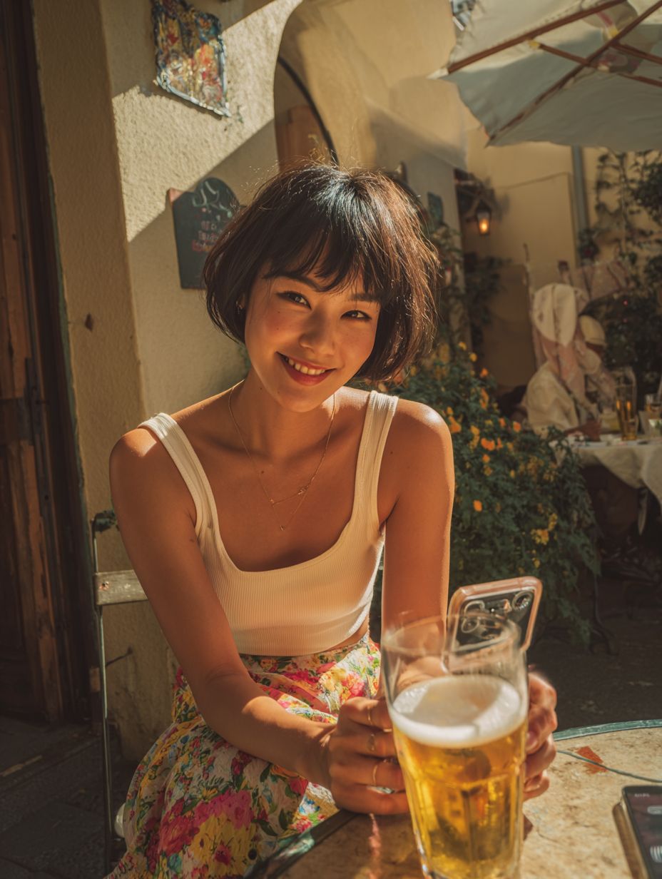 A stunning Japanese woman in a white tank top and floral skirt enjoying a beer at an outdoor café
