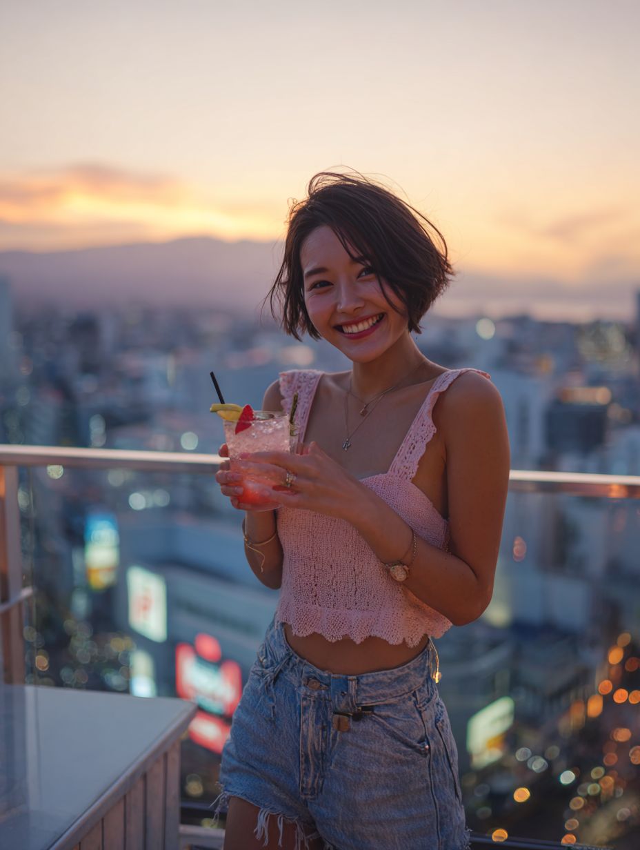 A charming Japanese woman with short hair in a light pink crop top and denim shorts enjoying a cocktail at a rooftop bar during sunset
