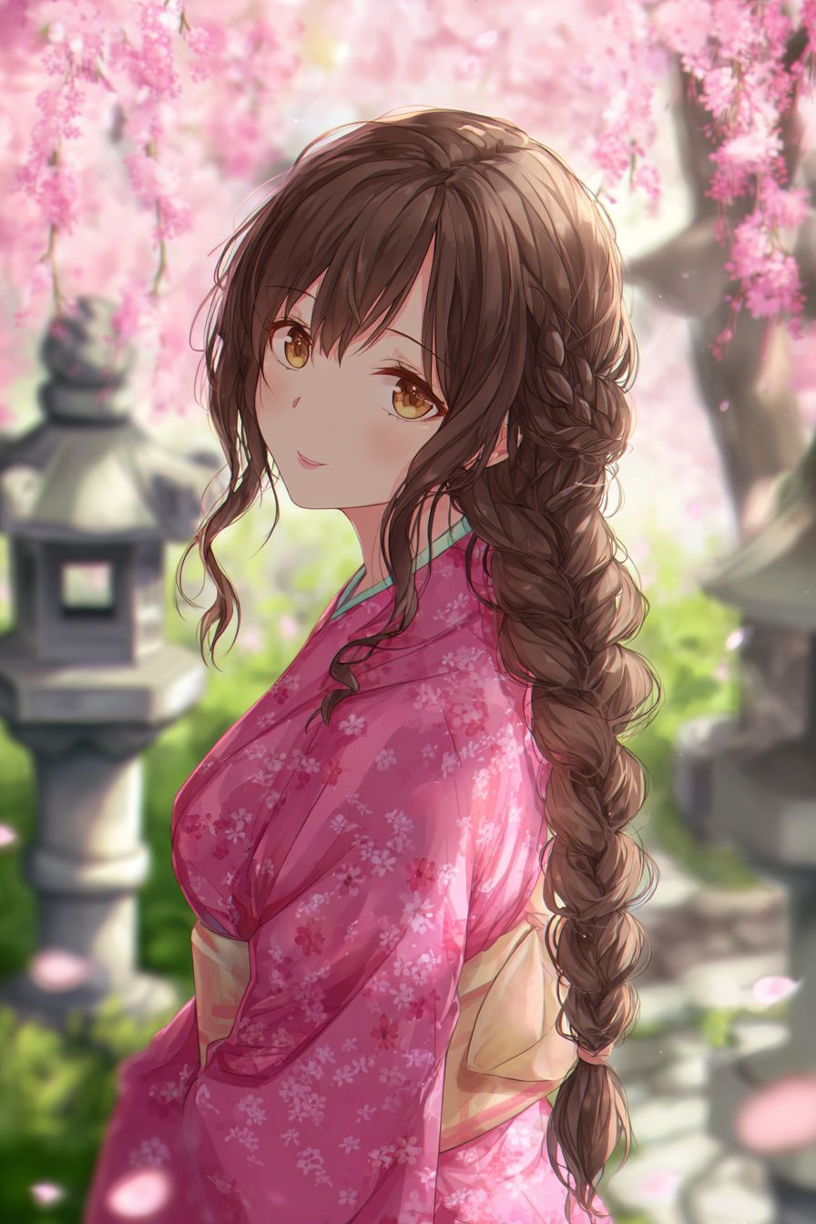 A sweet anime girl in a pink kimono with cherry blossom patterns
