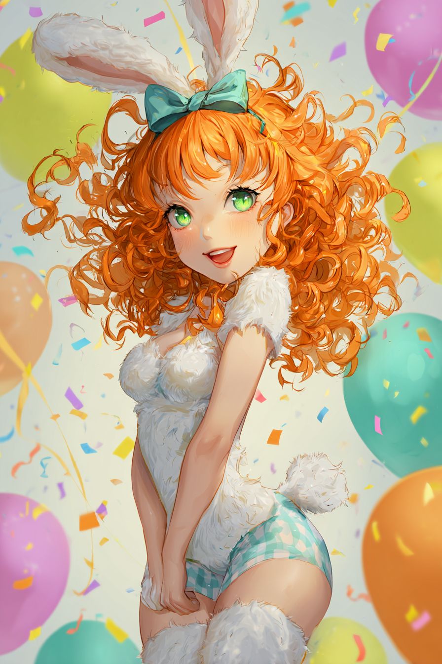 uma adorável garota de anime com cabelo cacheado laranja e olhos verdes em um traje de coelho