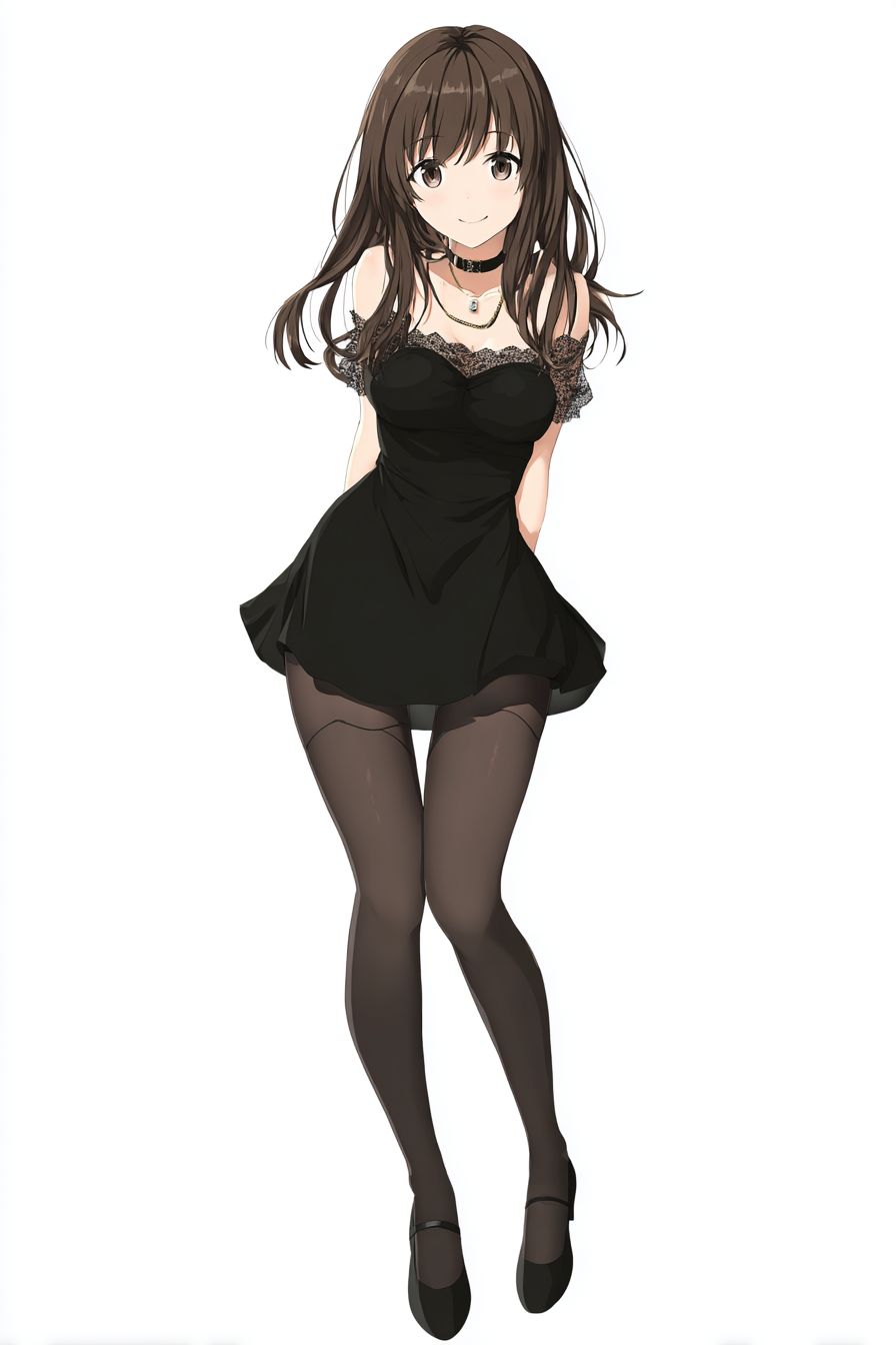 一个可爱的动漫风格女孩穿着黑色连衣裙和长袜