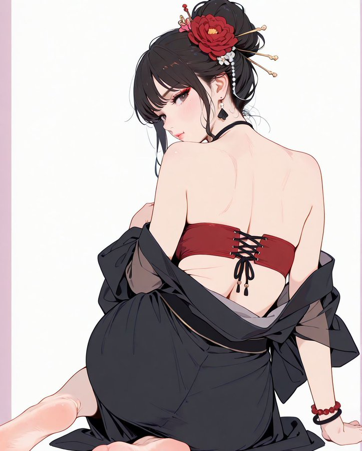 一位穿着黑色和服的女孩，黑发束起，佩戴红色花饰和耳环，展现出优雅与诱惑