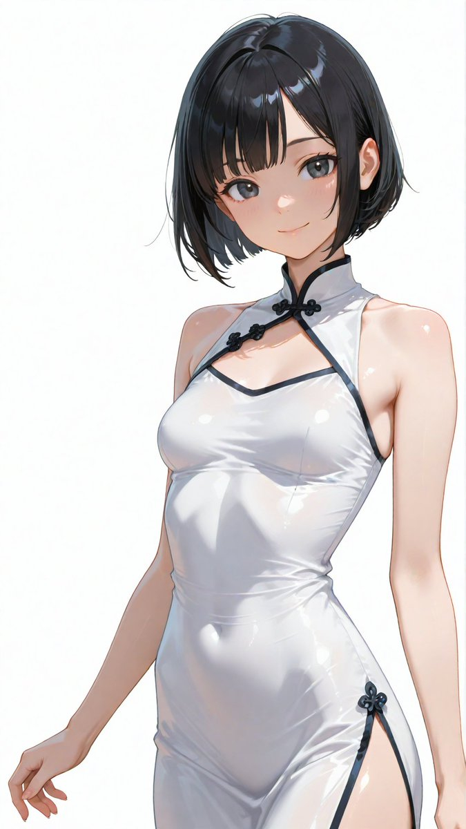 Ein Mädchen in einem weißen Cheongsam mit kurzen schwarzen Haaren und grauen Augen lächelt elegant
