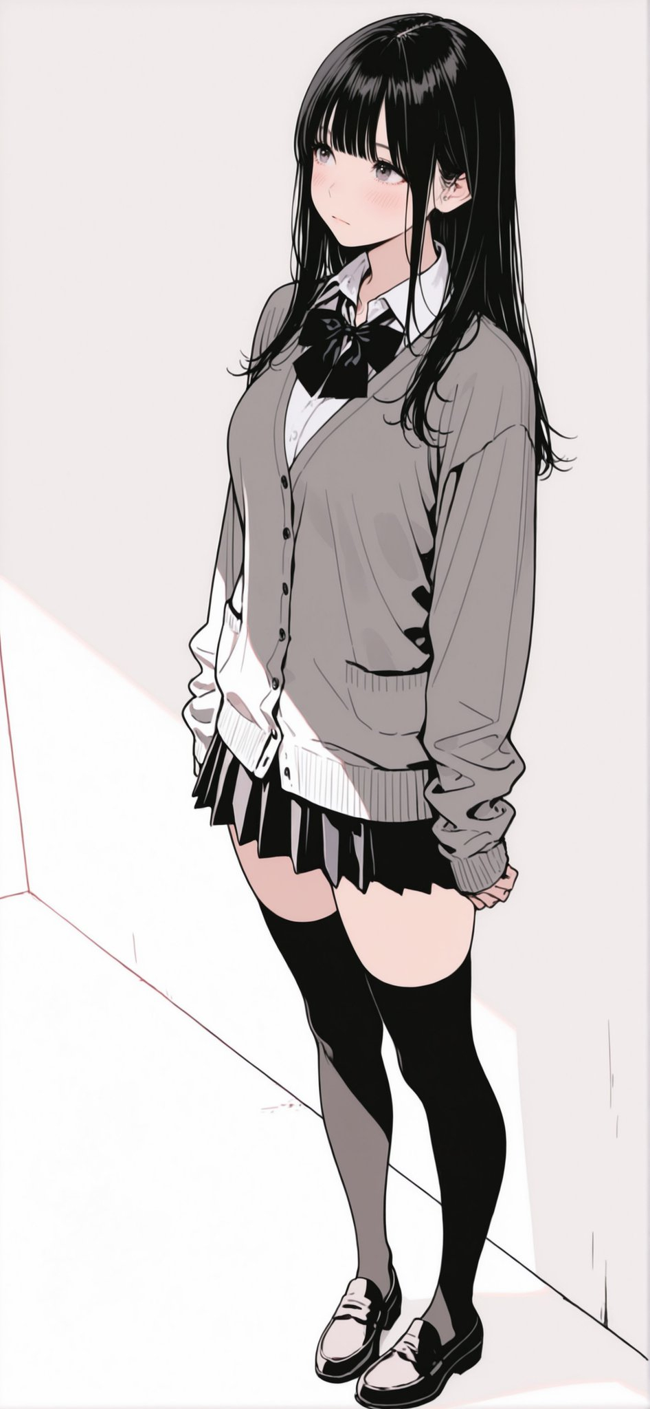 一人の女の子が制服を着て、少し恥ずかしそうに視聴者を見ています