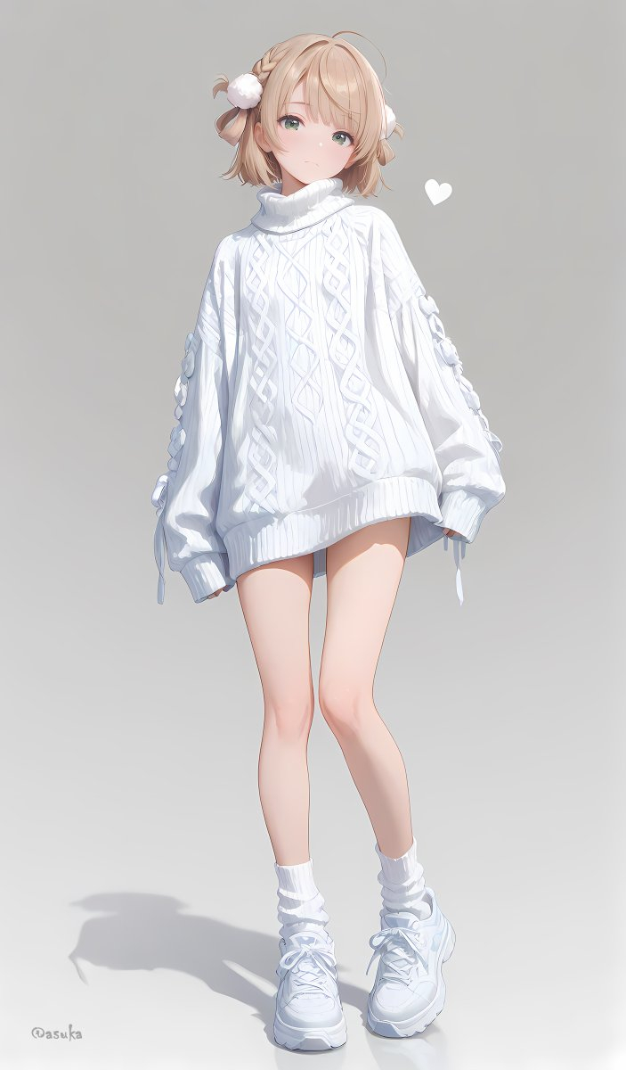 Ein Mädchen trägt ein übergroßes weißes Strickkleid mit hohem Kragen, weißen lockeren Socken und Turnschuhen