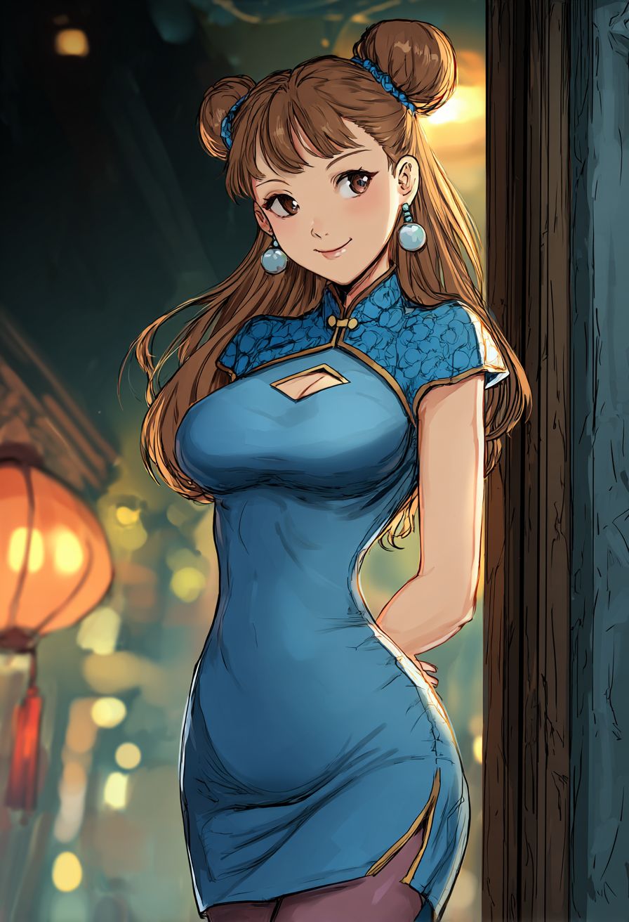 一个可爱的女孩穿着蓝色旗袍，长发双 bun，面带微笑