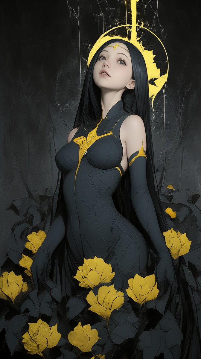 Ein Mädchen mit langen schwarzen Haaren trägt einen schwarzen körperbetonten Anzug umgeben von gelben Lotusblüten und einem friedlichen Ausdruck