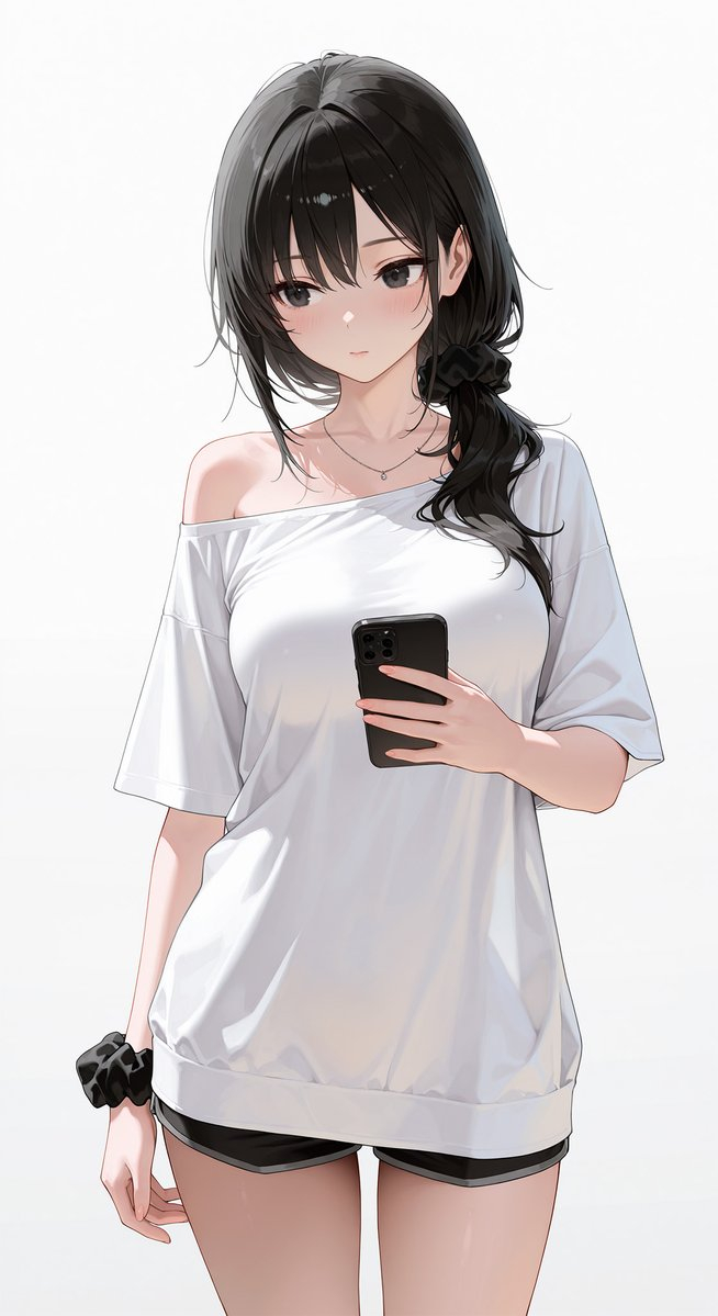 Ein Mädchen trägt ein oversize weißes Off-Shoulder-T-Shirt und schwarze Shorts, hält ein Smartphone und hat einen leichten Schimmer im Gesicht in einem Dreiviertelansicht