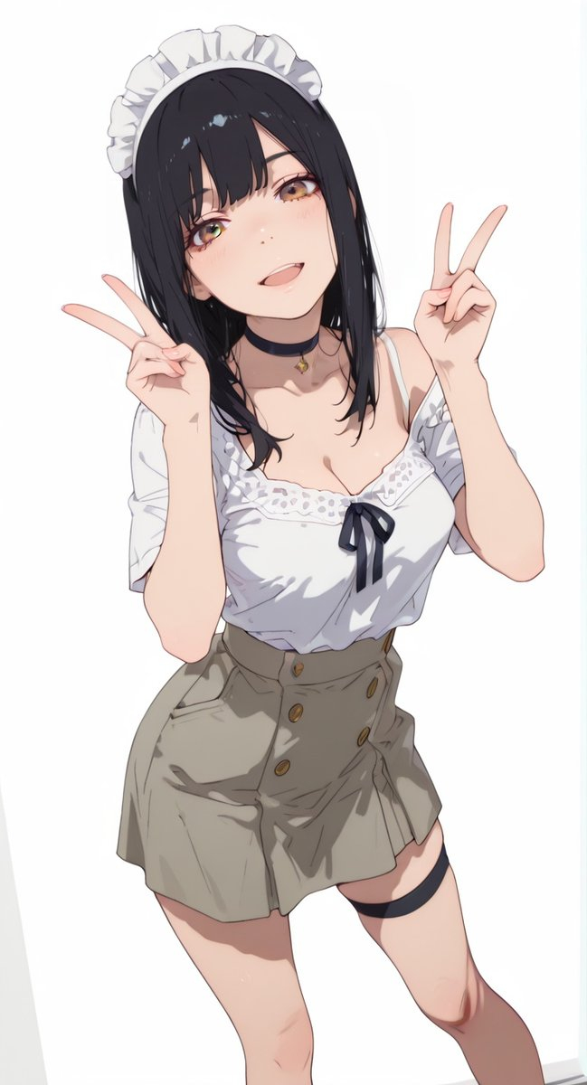 Ein schwarzköpfiges Mädchen in einer weißen Bluse und einem beigen Hochbundrock lächelt und macht ein Friedenszeichen