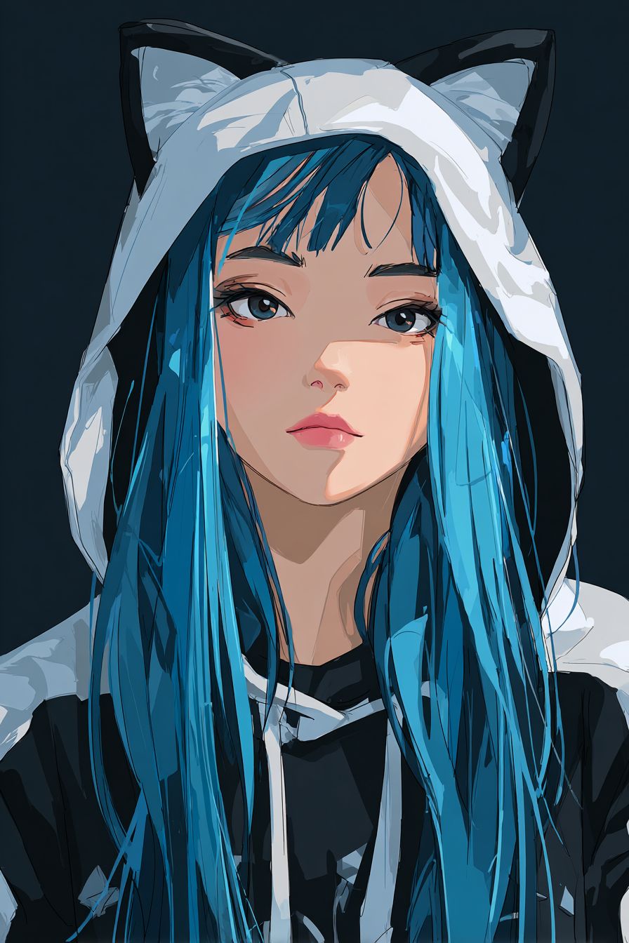 Anime girl with blue hair wearing a black and white hoodie with cat ears and a vulnerable expression