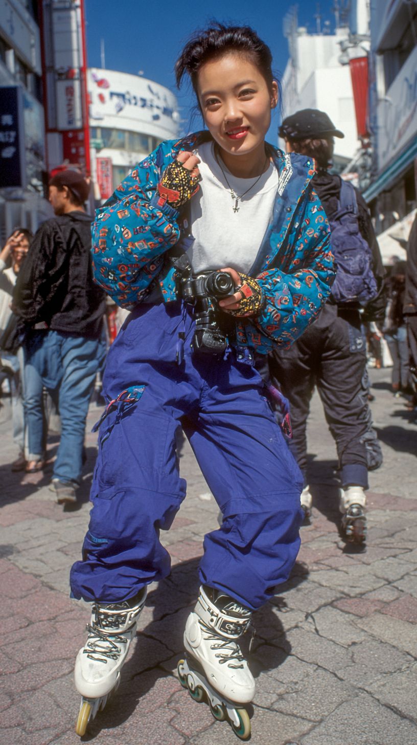 A young Japanese woman in streetwear is dancing on rollerblades in Shibuya