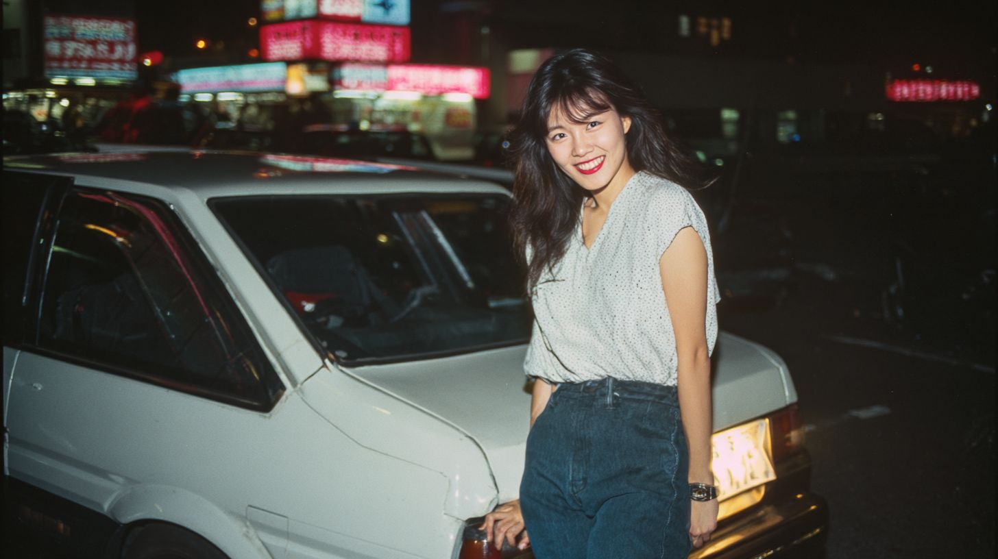 1980年代の東京で日産スカイラインR31 GTS-Rと共に写る日本の女性