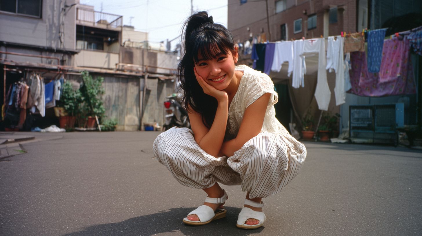 Eine junge japanische Frau lächelt in entspannter Kleidung vor einer urbanen Kulisse