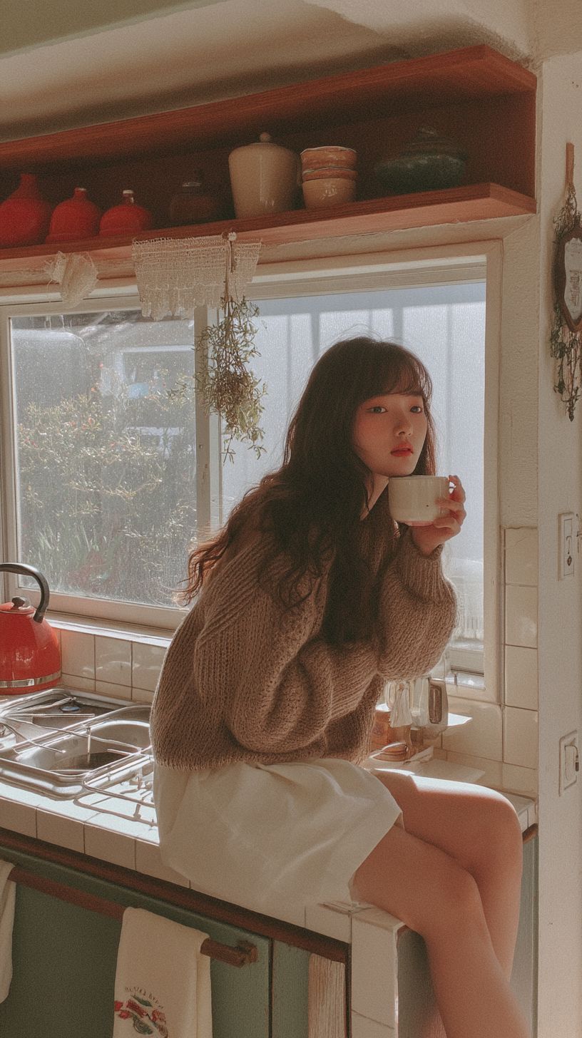 A dreamy Korean idol girl sitting on a kitchen counter holding a cup of tea and gazing out the window