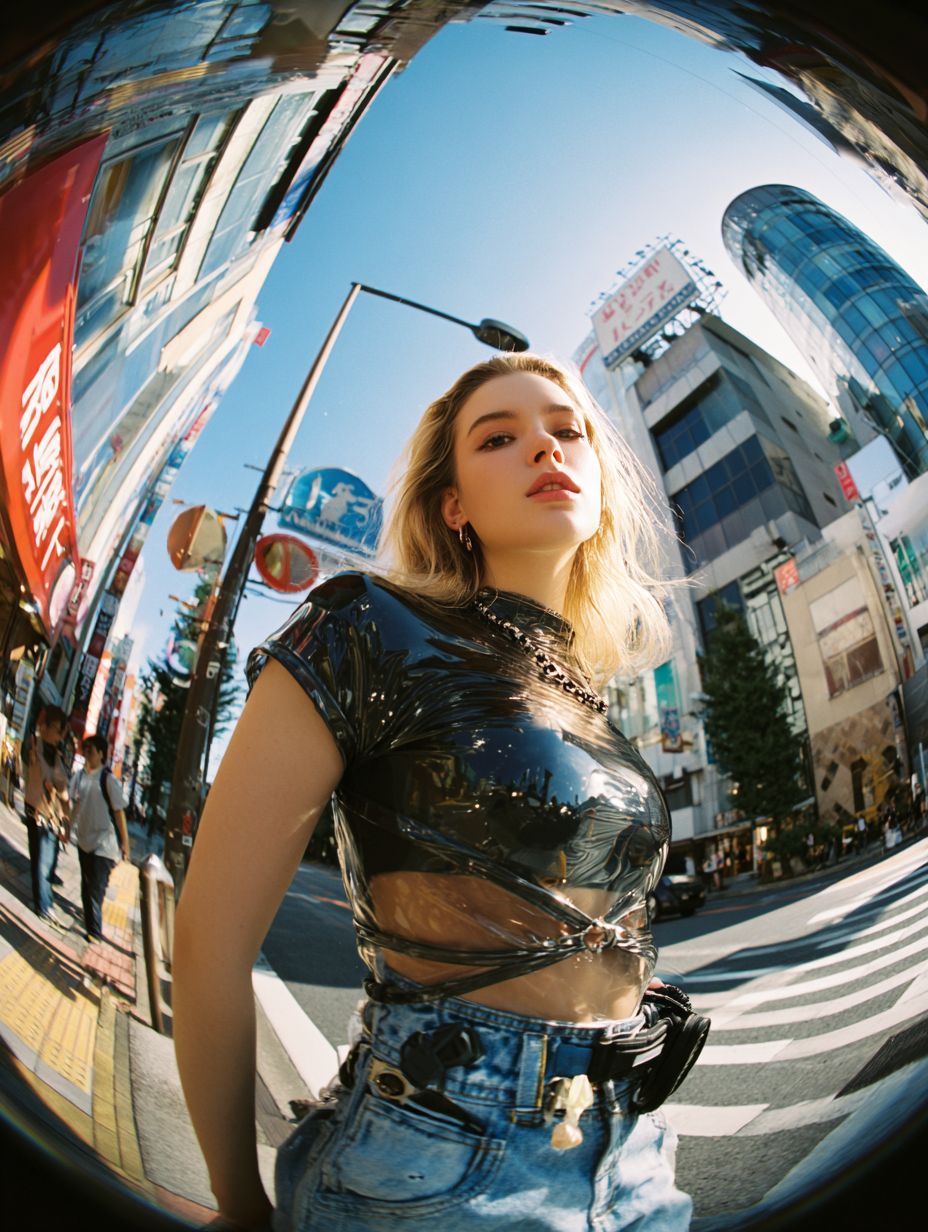امرأة بيضاء تبلغ من العمر 23 عامًا ترتدي بلوزة من اللاتكس وجينز فضفاض تُصور في شوارع طوكيو