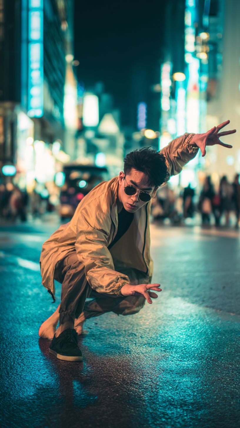 An Asian male street dancer performs a smooth popping wave in the middle of a Shibuya street at night