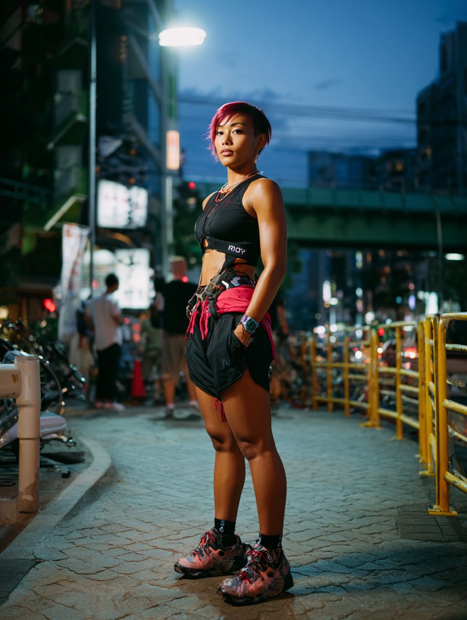 一名年轻亚裔女性身穿日本街头服饰在东京街头的全身照