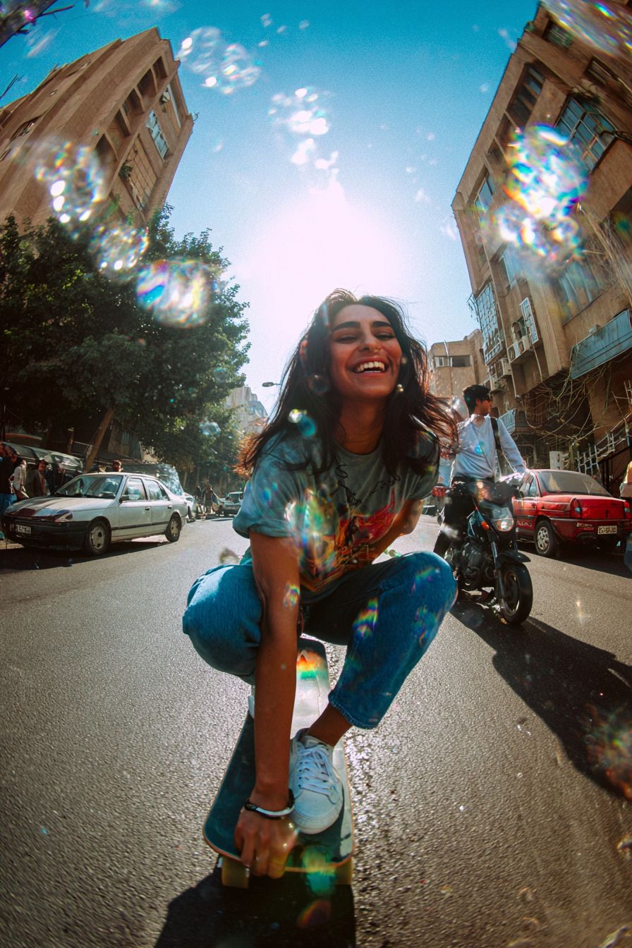 A young Iranian woman skateboards in Tehran smiling