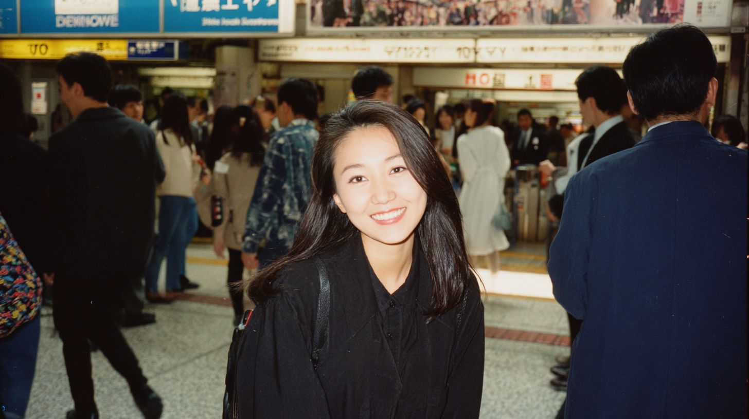 吸引人的日本女士安娜·廖在1980年代涉谷火車站中展示穿搭，穿著黑色外套微笑擺姿